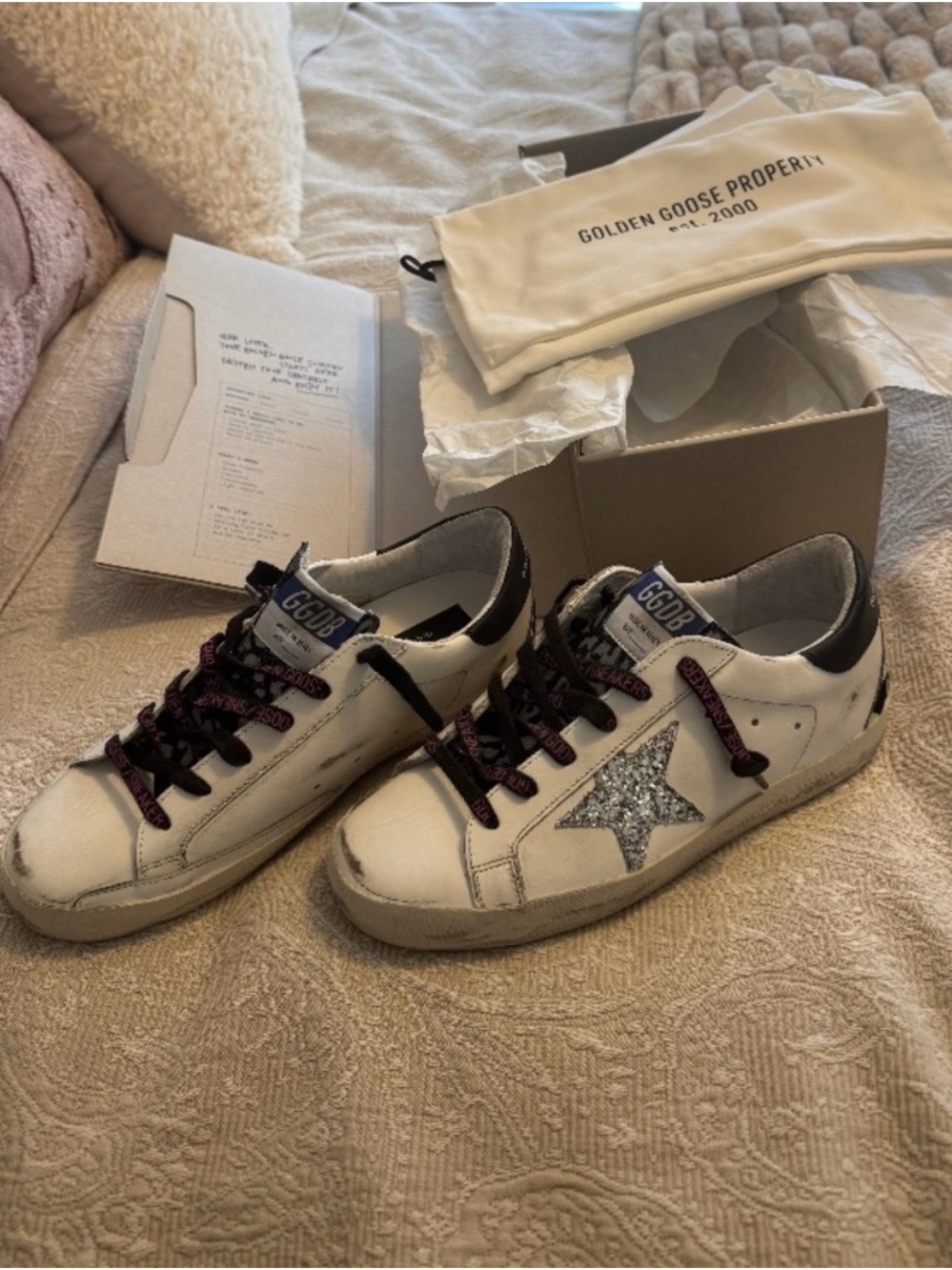 Golden Goose Superstar Women White Sneakers with Silver Glitter Star and Black